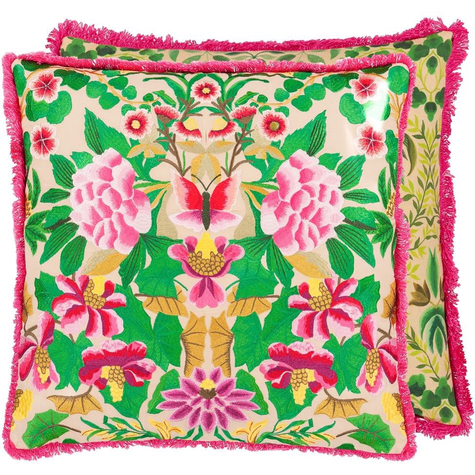 Ikebana Damask Embroidered Cushion 50x50 cm, Fuchsia