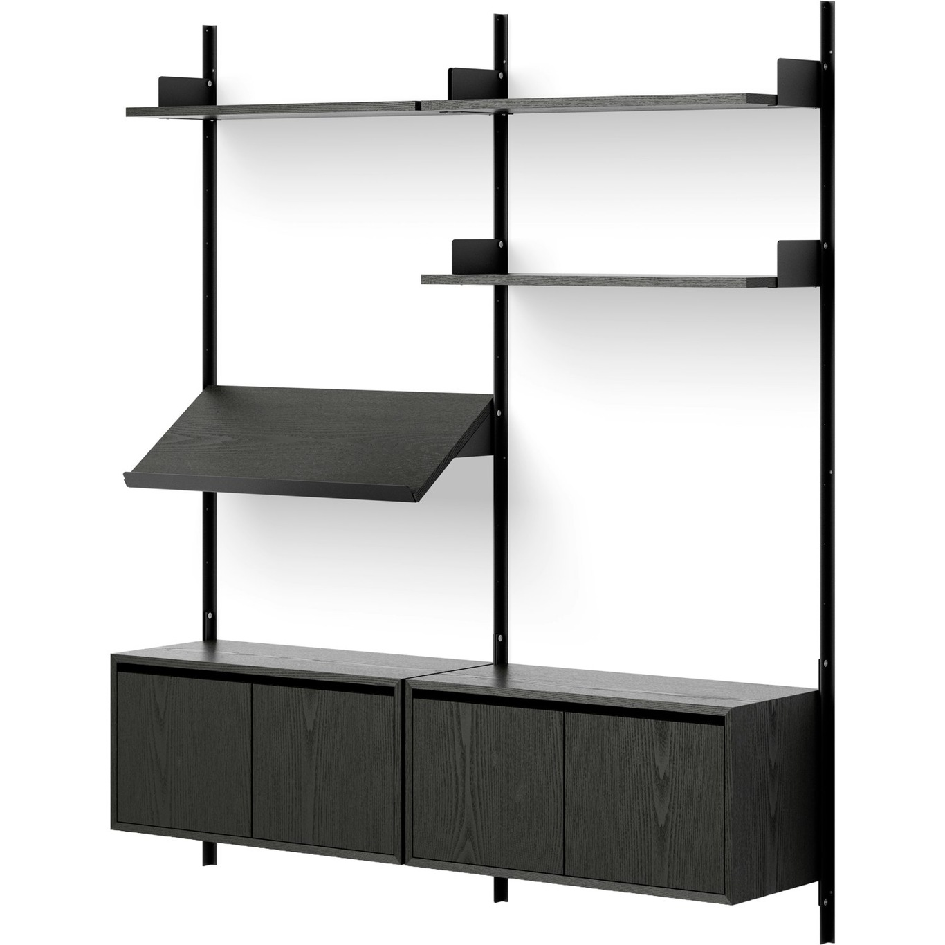 Living Wall Shelf Two Low Cabinets With Doors, Black Ash