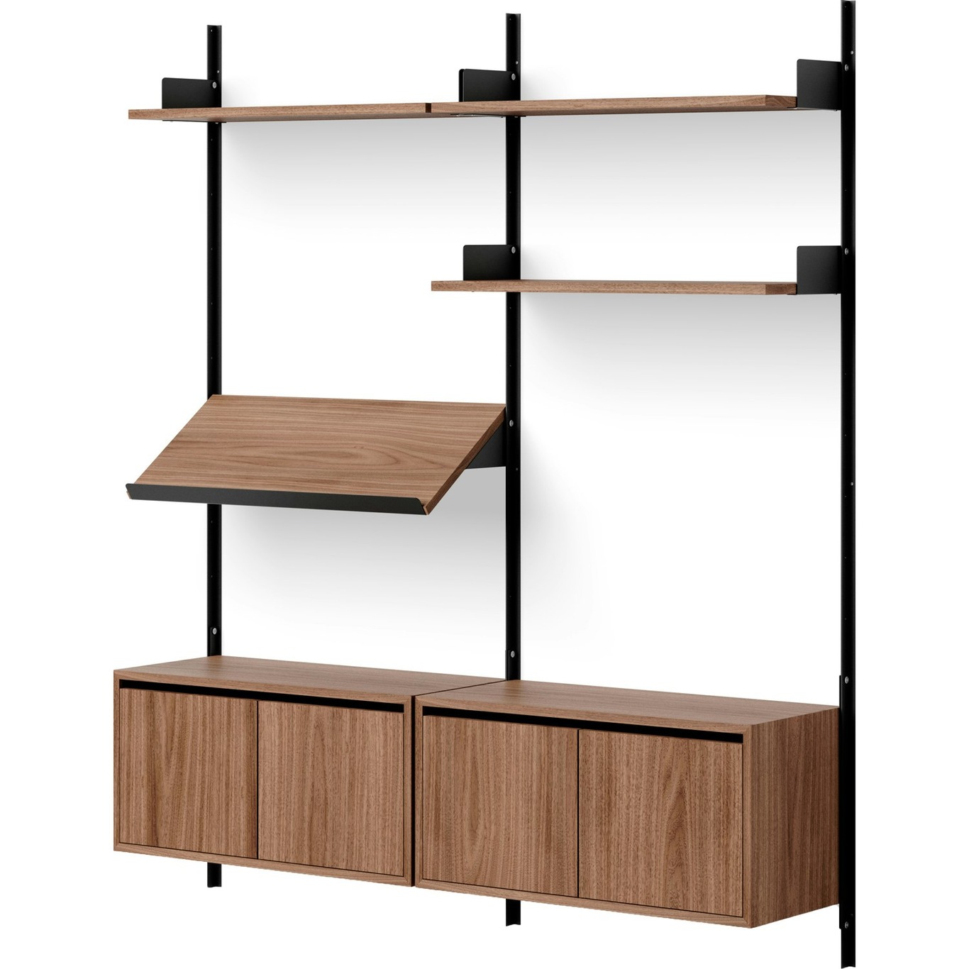 Living Wall Shelf Two Low Cabinets With Doors, Walnut