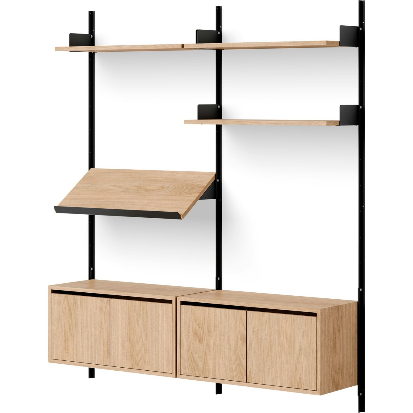 Living Wall Shelf Two Low Cabinets With Doors, Oak / Black