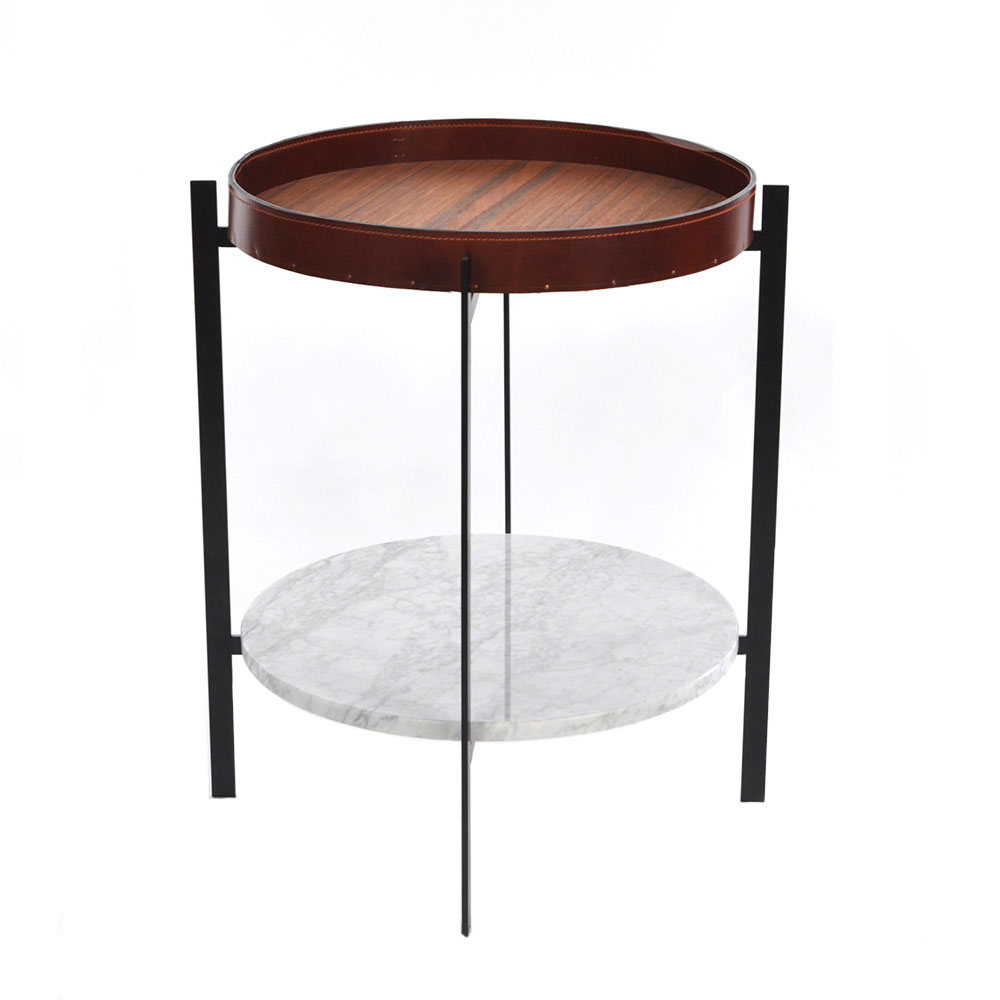 Deck Side Table, Black Frame, Teak/Cognac, White Marble