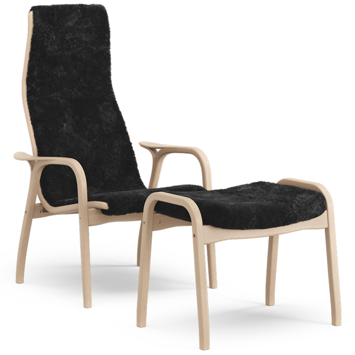 Lamino Armchair With Footstool Sheepskin, Black / Lacquered Beech
