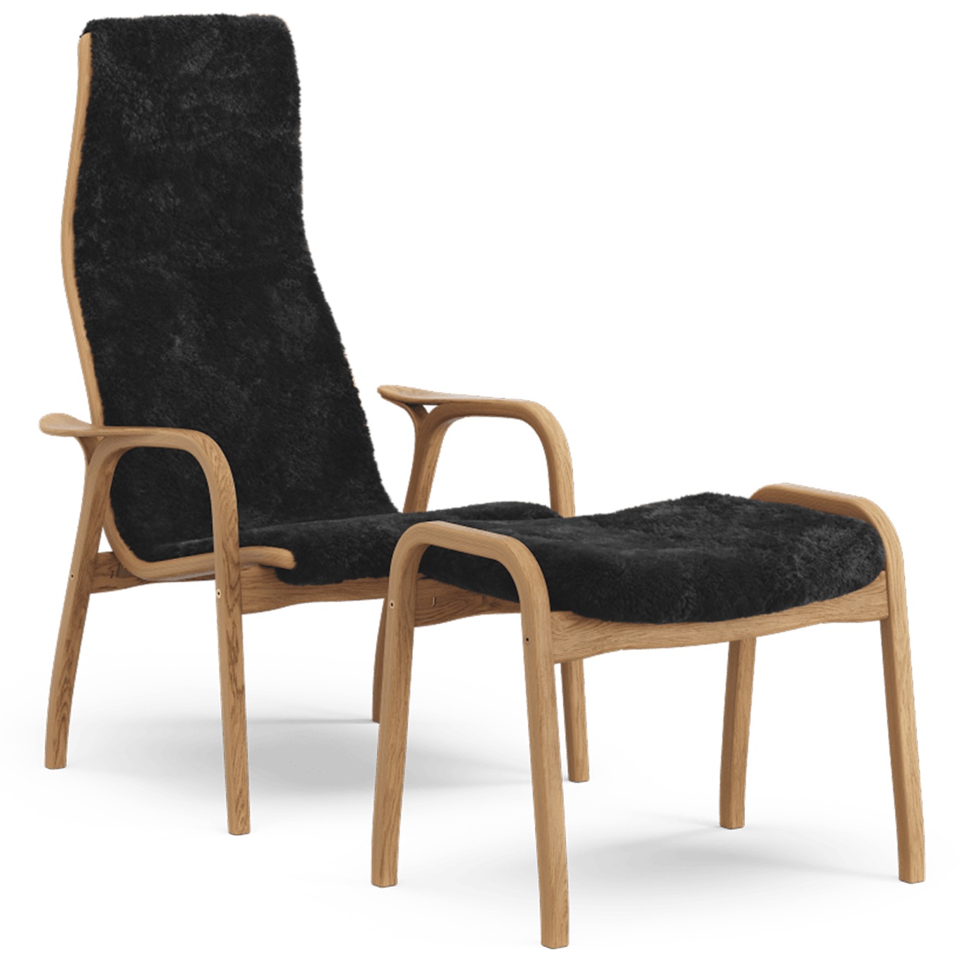 Lamino Armchair With Footstool Sheepskin, Black / Oiled Oak