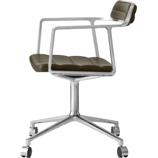 452 Swivel Chair With Wheels, Polished Aluminium / Green Leather