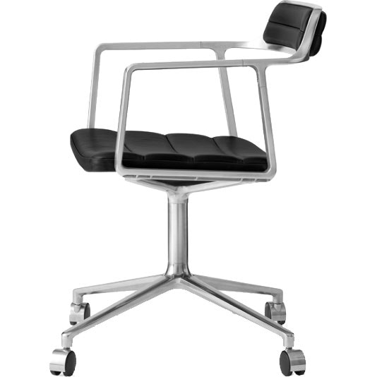 452 Swivel Chair With Wheels, Polished Aluminium / Black Leather