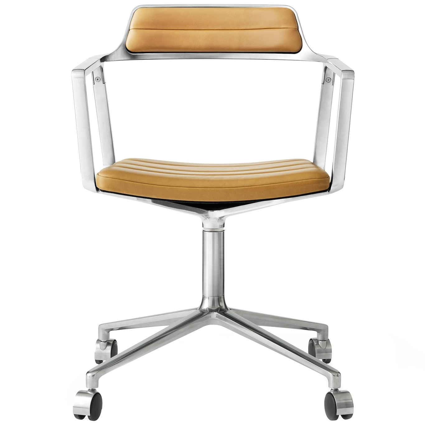 452 Swivel Chair With Wheels, Polished Aluminium / Sand Coloured Leather