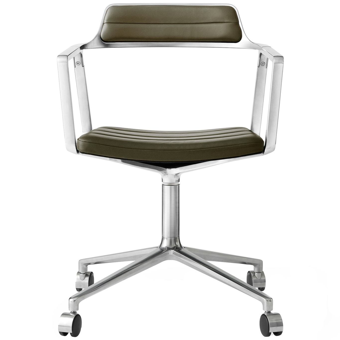 452 Swivel Chair With Wheels, Polished Aluminium / Green Leather