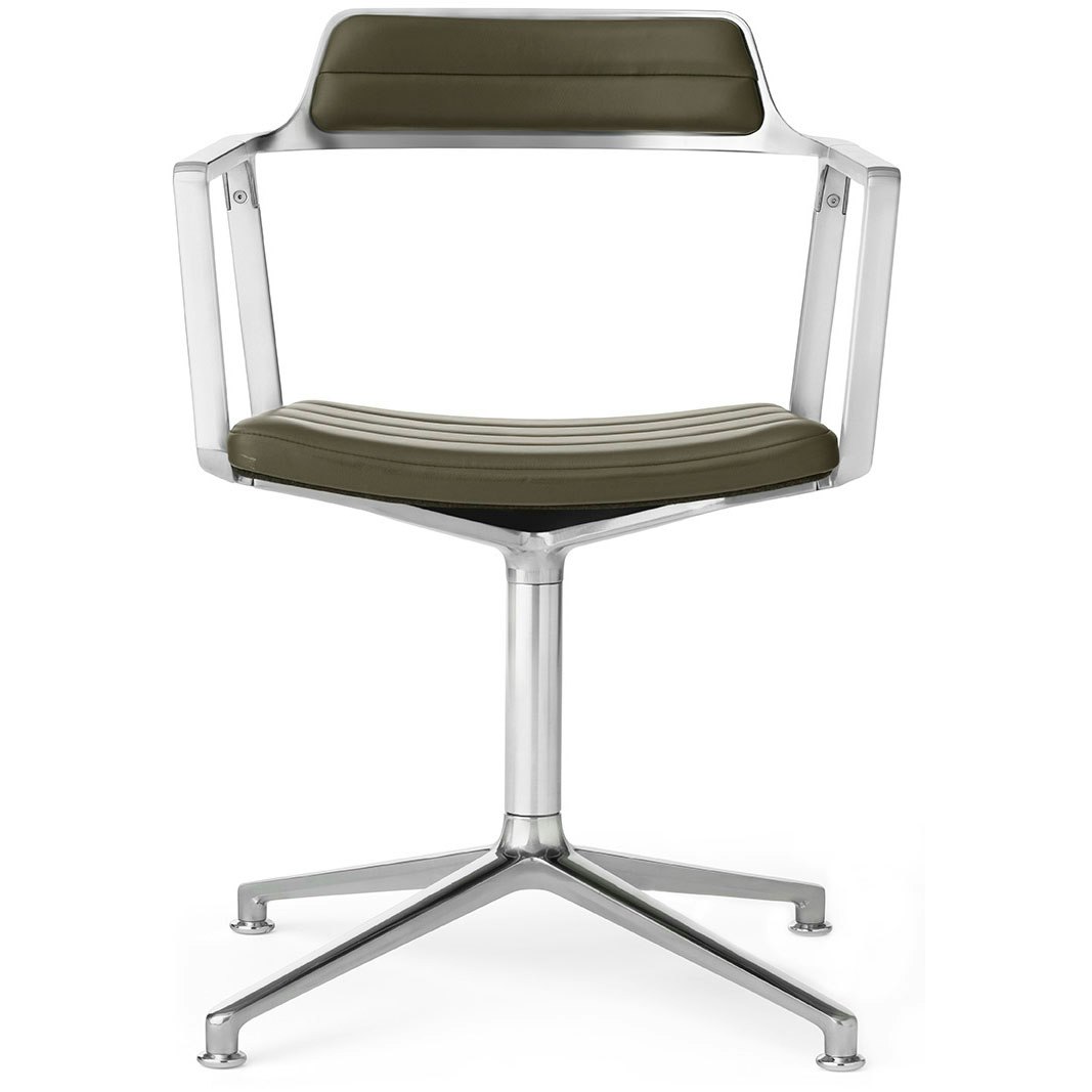 452 Swivel Chair With Feet, Polished Aluminium / Green Leather